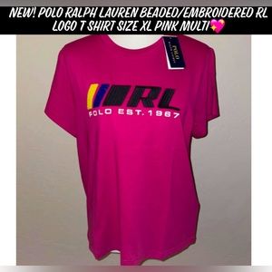 New! Polo Ralph Lauren Beaded/Embroidered RL Logo T Shirt Size XL Pink Multi💖